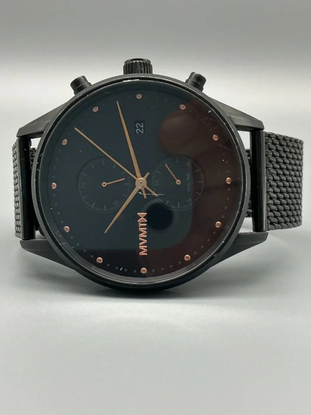 MVMT Voyager Black Rose Watch Men 42mm Dual Time Zone Mesh Band New Battery